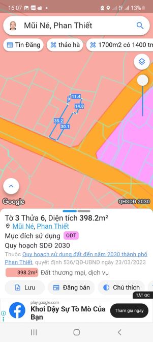 Cần bán 398m2 có 150tc mặt  tiền Huỳnh Thúc Kháng Mũi Né - 1