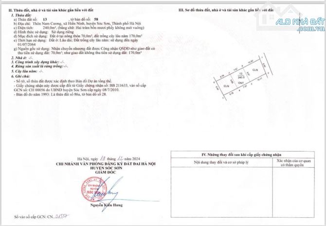 BÁN GẤP 240M ĐẤT NAM CƯƠNG, HIỀN NINH, SÓC SƠN. VỊ TRÍ BÌA LÀNG. ĐẤT FULL THỔ CƯ.