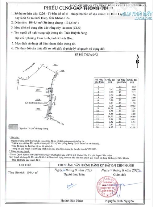 Bán Đất Bình Lộc Diên Khanh, Nay Là Suối Hiệp Khánh Hoà Đất CLN Diện Tích 1044m2