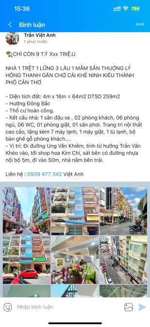 bán nhà mặt tiền đường lý hồng thanh, ninh kiều cần thơ, giá 9.5 Tỷ ( 4 x 16 ) 4 lầu - 16