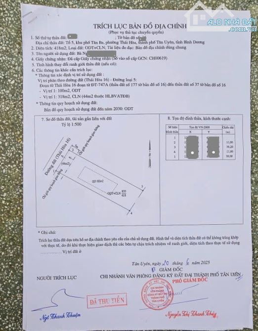 Bán đất 11x38m, hẻm ĐT.747A p. Thái Hòa kế trường FPT - 2