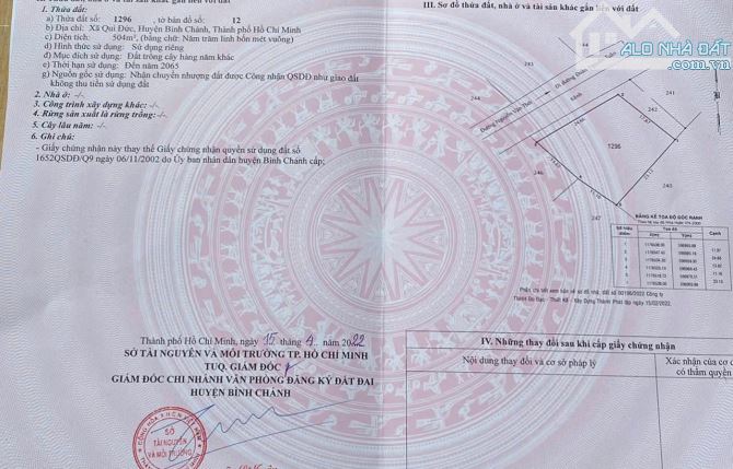 CHÍNH CHỦ CẦN BÁN LÔ ĐẤT CÓ VỊ TRÍ ĐẸP TẠI XÃ QUI ĐỨC- H. BÌNH CHÁNH - TP. HỒ CHÍ MINH. - 1