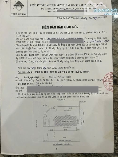 Bán đất kdc Trường Thịnh đường Lương Định Của P Bình An Quận 2 cũ (157.6m2) 210 tr/m2 - 2