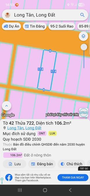 CẦN BÁN GẤP LÔ ĐẤT ĐẸP KHU DÂN CƯ BỒN BỒN, XÃ LONG TÂN, HUYỆN ĐẤT ĐỎ CHỈ 900TR