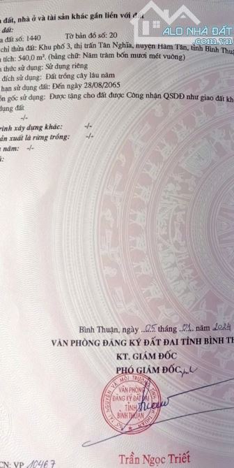 Bán đất trung tâm thị trấn Tân Nghĩa - Hàm Tân - Bình Thuận