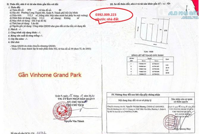 đất thổ cư 100% 5x22 đối diện tòa S1.01 chung cư VINHOME GRAND PARD