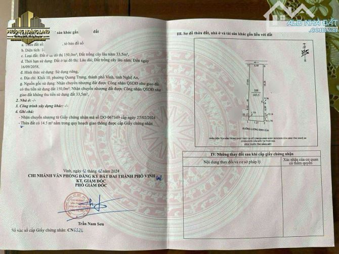 BÁN LÔ ĐẤT MẶT ĐƯỜNG LƯƠNG ĐÌNH CỦA – QUANG TRUNG PHƯỜNG THÀNH VINH 183,5m2