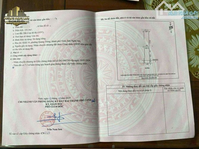 BÁN LÔ ĐẤT MẶT ĐƯỜNG LƯƠNG ĐÌNH CỦA – QUANG TRUNG PHƯỜNG THÀNH VINH 105,5m2