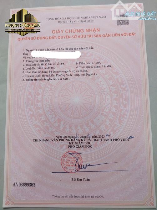 BÁN ĐẤT XÓM HỒNG LIÊN – NGHI LIÊN PHƯỜNG VINH HƯNG 97,3m2 Tây Bắc đường 4m - 1