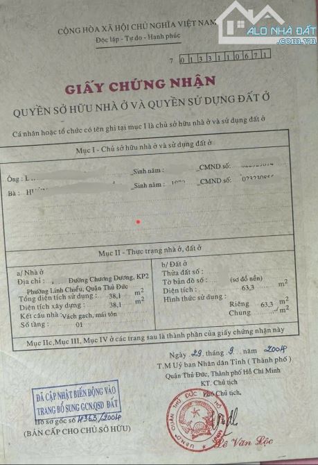 CHƯƠNG DƯƠNG - LINH CHIỂU - THỦ ĐỨC - NHÀ NÁT - 63M2 - 1