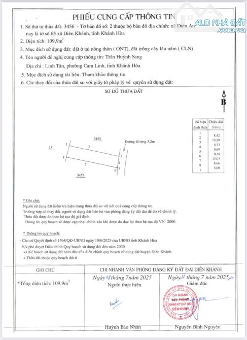 Bán Nhanh Lô Đất Diên An Giá Đầu Tư - Nay là Xã Diên Khánh ! 13,5tr/m2 DT : 109,9m2 ( 90tc - 3