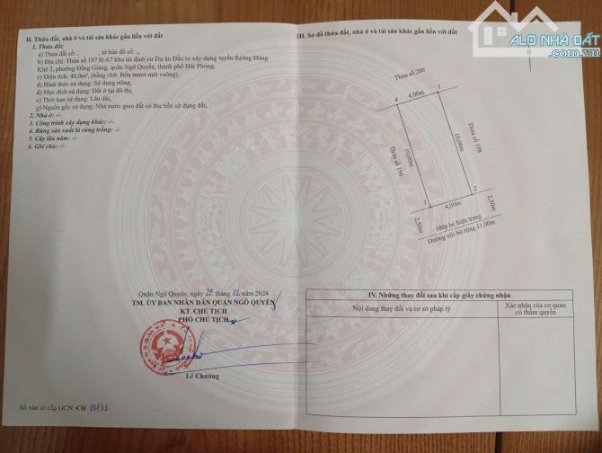 Duy nhất 1 lô còn sót lại TĐC CÂY ĐA ĐẰNG GIANG NGÔ QUYỀN HẢI PHÒNG  -DIỆN TÍCH :40m ngang - 4