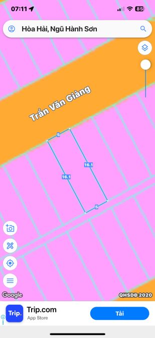 Bán lô đất dt 82.5m2; mt 5m; đường Trần Văn Giảng 5,5 m. 5ty3.Biển Tân Trà Ngũ Hành Sơn