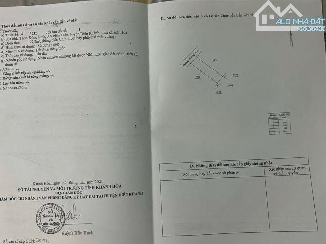 Cần bán lô đất Đông Dinh - Diên Toàn - Xã Diên Khánh Diện tích: 97,2m ( 100% thổ cư