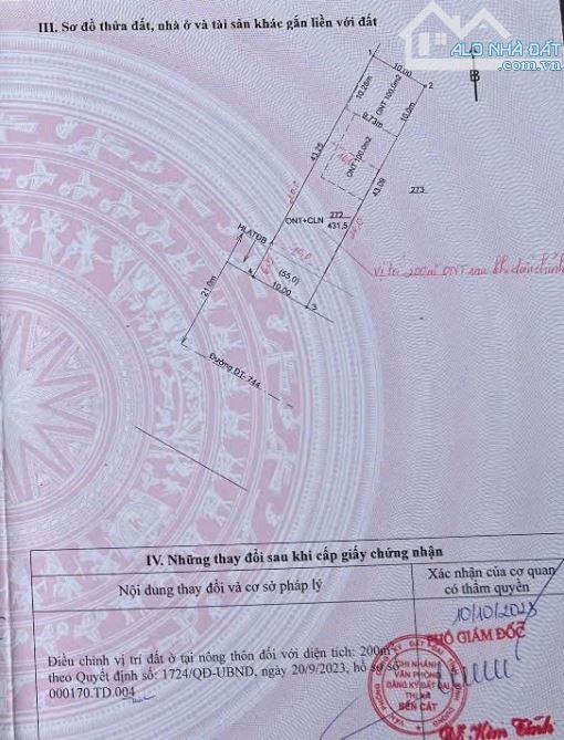 BÁN ĐẤT 2MT DT744, P.AN TÂY, TP.BẾN CÁT, DT:10x43, TC200M2, SHR, GIÁ 8,5 TỶ - 4