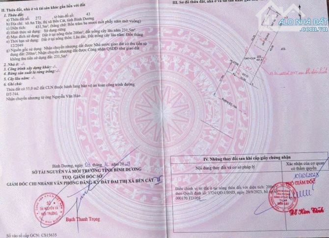 BÁN ĐẤT 2MT DT744, P.AN TÂY, TP.BẾN CÁT, DT:10x43, TC200M2, SHR, GIÁ 8,5 TỶ - 6