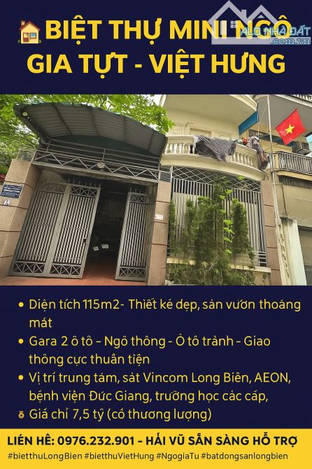BT MINI NGÔ GIA TỰ - VIỆT HƯNG - 115M - GARA 2 Ô TÔ - MT 8M - NGÕ Ô TÔ TRÁNH - 7,5TY