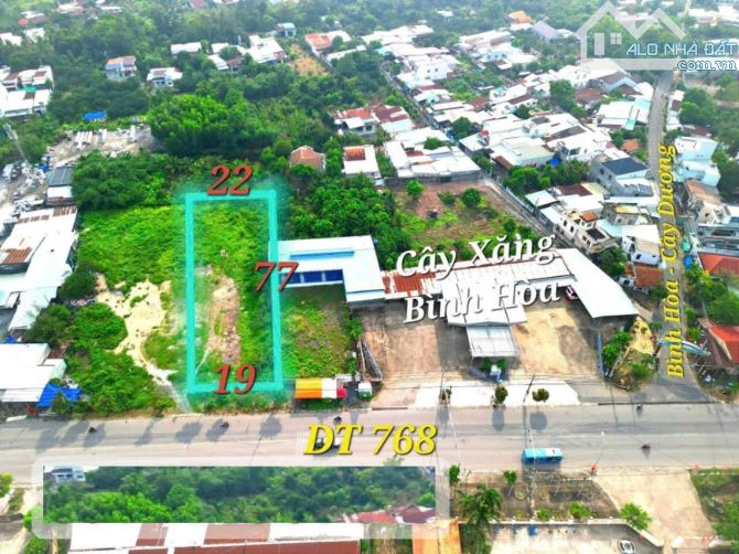 Bán đất mặt tiền DT 768, Bình Hòa, Vĩnh Cửu: 19 (NH: 21m) x 76= 1.457m, giá 19,9 tỷ.