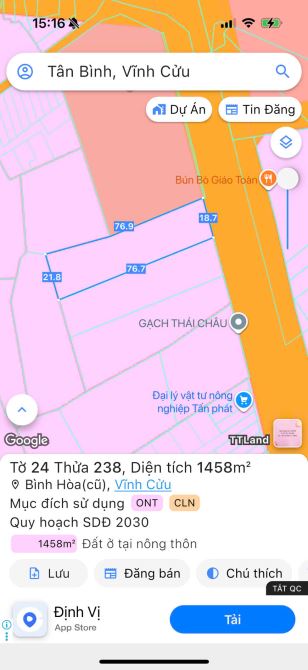 Bán đất mặt tiền DT 768, Bình Hòa, Vĩnh Cửu: 19 (NH: 21m) x 76= 1.457m, giá 19,9 tỷ. - 3