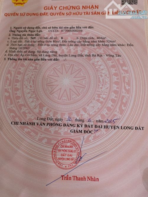 Bán lô đất 404m2 xã Láng Dài, cách biển Hồ Tràm 10km, CHỈ 1 TỶ 200 - 1