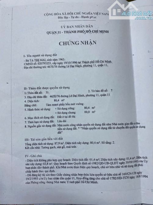 Bán nhà đường Lê Đại Hành, Khu đối diện sân vận động Phú Thọ, DT: 4,1mx20m, DTCN: 93m2 - 5