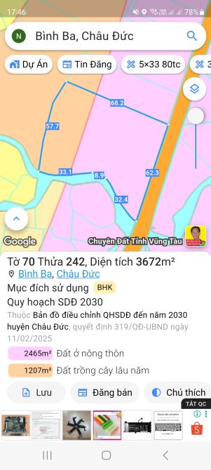 Cần bán đất 3672m2  sẵn 100tc đường nhựa kdc cách KCN châu đức khoảng 3km . Giá 5ty5