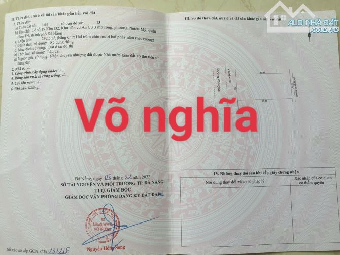Bán lô đất biệt thự. Võ nghĩa.192,5 m. Sát bãi tắm phạm văn đồng. Sơn Trà TP ĐÀ NẴNG