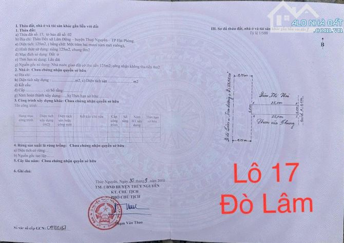 CẦN BÁN LÔ ĐẤT ĐẸP MẶT ĐƯỜNG ĐÒ LÂM – PHƯỜNG THIÊN HƯƠNG - HẢI PHÒNG 2.4x tỷ 125m2