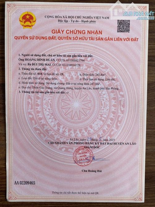 BÁN ĐẤT CÂU TRUNG; QUANG HƯNG- AN LÃO- HẢI PHÒNG.  CÁCH NGÃ TƯ QUANG THANH CHỈ 900M - 3
