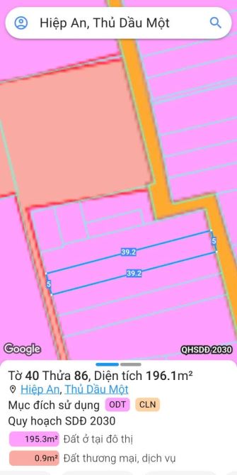 BÁN ĐẤT MT BÊ TÔNG, P.HIỆP AN, TP.TDM, DT:5x39, TC62M2, SHR, GIÁ 1,490 TỶ - 2