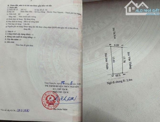 MỞ BÁN DUY NHẤT 1 LÔ ĐẤT TẠI HOA ĐỘNG – THUỶ NGUYÊN, HẢI PHÒNG