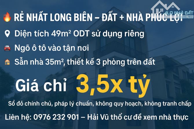 3,5x TỶ - 49m2 ODT SỬ DỤNG RIÊNG - sẵn nhà 3 TẦNG - 3 NGỦ TRÊN ĐẤT - NGÕ Ô TÔ VÀO TẬN NƠI