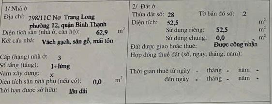 Nhà 2 tầng 5.3x10m 298/11C Nơ Trang Long 5.2 tỷ