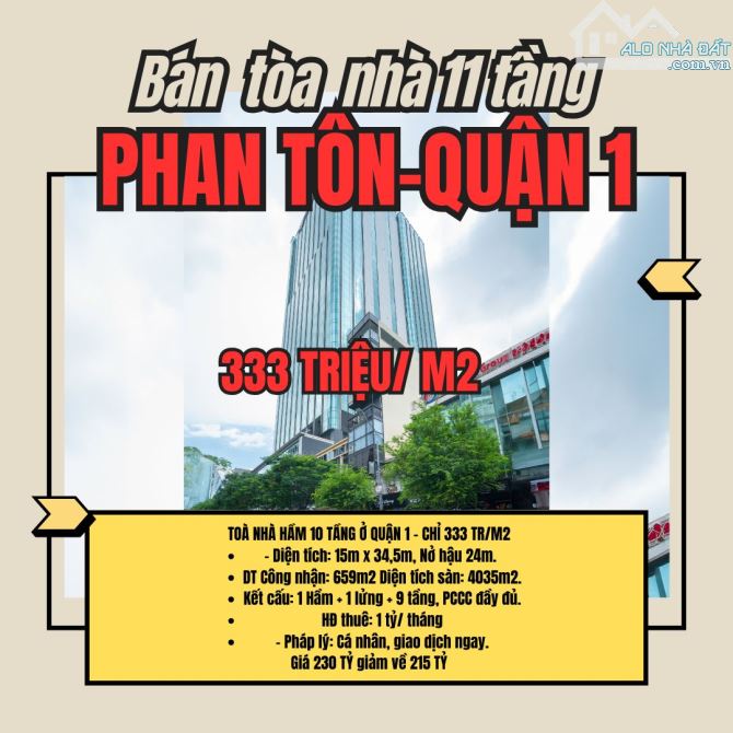 Tòa Nhà Hầm 10 Tầng Quận 1 DT: 15x34,5m2 Công nhận 659m2 giá chỉ 333 triệu/ m2 - 1
