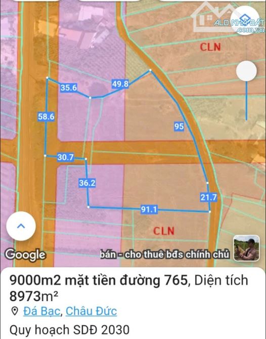 Cần bán 8.973m2 đất 2 mặt tiền, mặt tiền tỉnh lộ DT765 đến 58m, mặt tiền sau đến 116m