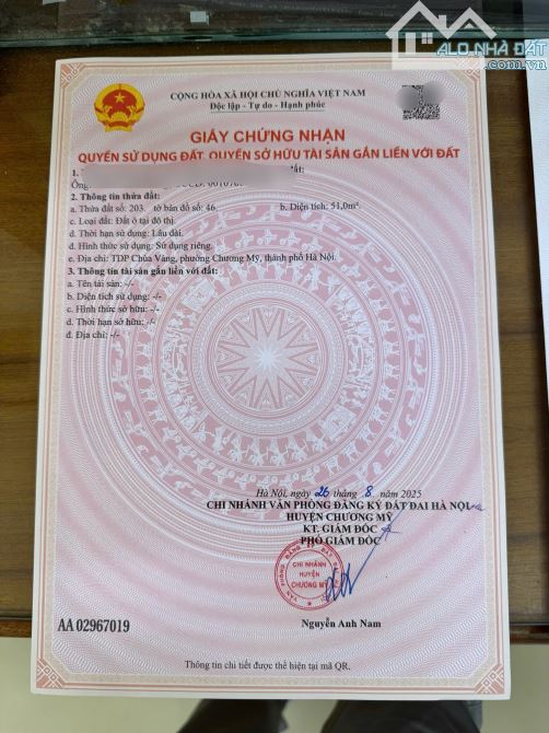 Cần bán đất tt thị trấn Chúc Sơn diện tích 51m2;mặt tiền 4,15m,gàn chợ,svđ,1 cửa huyện