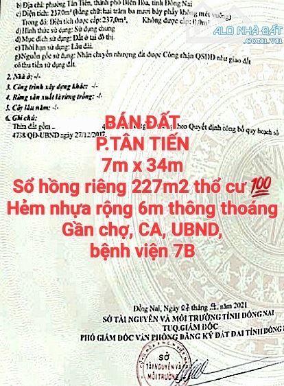 BÁN 2 LÔ ĐẤT P.TÂN TIẾN SỔ HỒNG RIÊNG THỔ CƯ, HẺM NHỰA 6m THÔNG THOÁNG