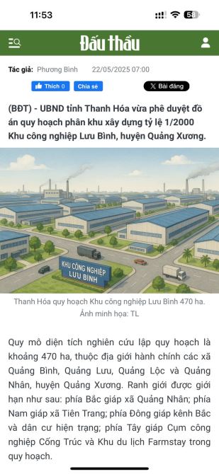 Đất bám khu công nghiệp Luu Bình Thái rộng 500Ha đã có QĐ 1/2000. dt 125m2, mt 5 - 2
