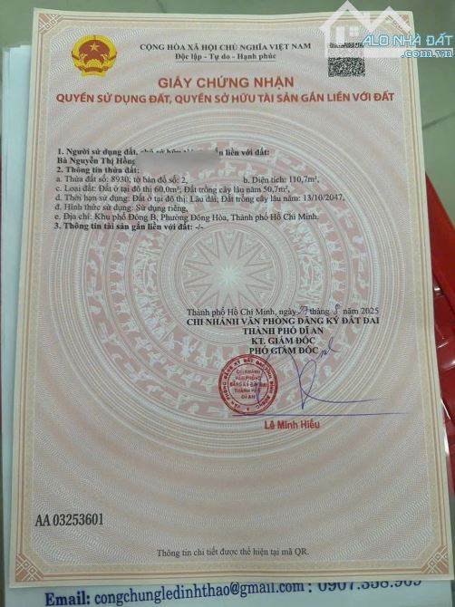 Bán Đất Trung Tâm Đông Hoà , Dĩ An , 110m , ngang 5M , Đường 5M - 3