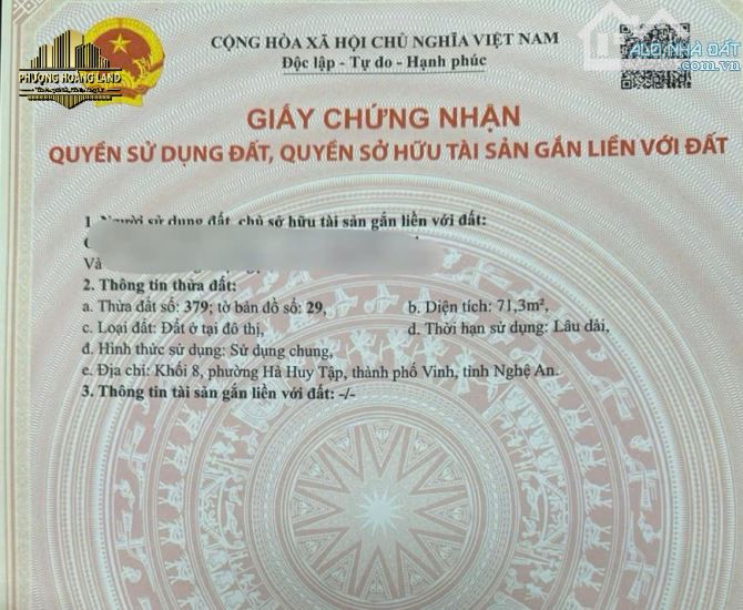BÁN ĐẤT HỘ KHẨU HÀ HUY TẬP PHƯỜNG VINH PHÚ – VỪA Ở VỪA KINH DOANH 71,3m2