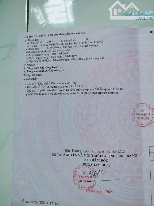 Bán Đất Chính Chủ, sổ riêng tại phường Vĩnh Tân, thành phố Tân Uyên , nay là T.P HCM