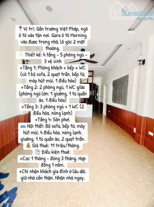 CHO THUÊ NHÀ NGUYÊN CĂN NGỌC THUỴ – 49m², 4 TẦNG, 5 NGỦ, GARA Ô TÔ MORNING – GIÁ 11 TRIỆU - 1