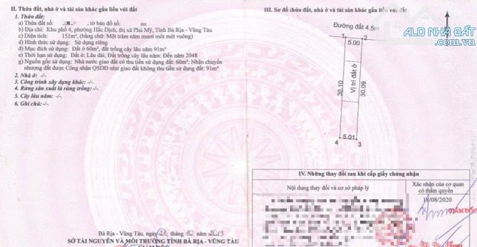 Bán 151m2 (ngang 5 dài 30m) thổ cư KP4,Hắc Dịch, Phú Mỹ - 1