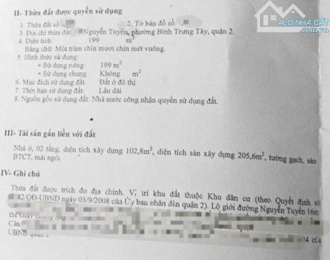 BÁN NHÀ MẶT TIỀN NGUYỄN TUYỂN – P. BÌNH TRƯNG TÂY, QUẬN 2 nhà 2 lầu đất: 199m² (ngang 6m - 2