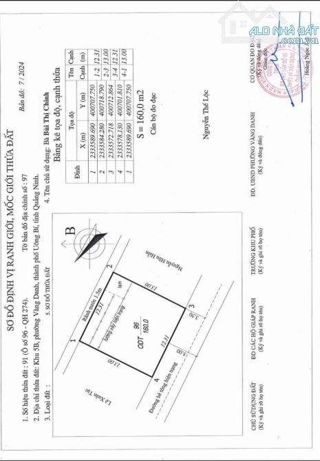 Bán gấp 160m2, mt=12,13m khu 5B Vàng Danh , giá 720tr