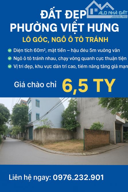 6,5 TỶ - 60M2 - HỘ KHẨU VIỆT HƯNG - NGÕ 6M - Ô TÔ TRÁNH NHAU - KHU DÂN CƯ ĐÔNG