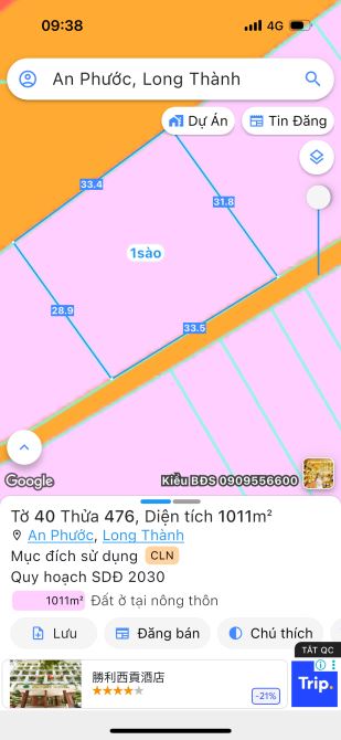 Bán đất đường xe hơi QL51, An Phước, Long Thành: 31 x 33,5m= 1.011m2, giá 7,5 tỷ - 1