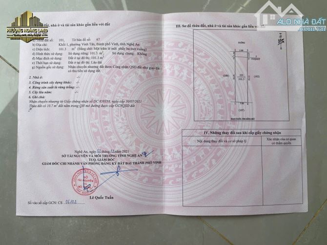 ĐẤT ĐẸP VINH TÂN, PHƯỜNG TRƯỜNG VINH NGÕ PHẠM HỒNG THÁI 101,3m2 HƯỚNG BẮC