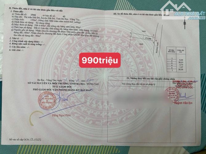 990TRIỆU- ĐẤT TRUNG TÂM THỊ TRẤN ĐẤT ĐỎ- NGAY SAU TRUNG TÂM HÀNH CHÍNH ---- Dt: 150m2(