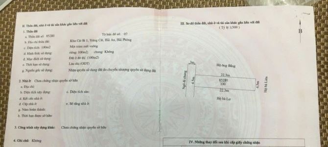 Mặt ngõ  Thành Tô , Tràng Cát, Hải An, HP  _ Diện tích: 100 m2 , 4.5 x 22.3 m ,  _Ngõ nông